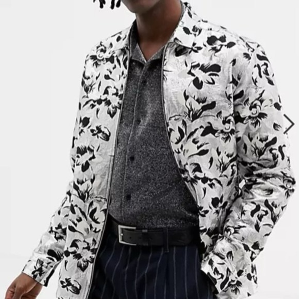 ASOS Edition Silver Metallic Shiny Black Floral Zip Shirt Jacket 2XL XXL 3XL - Picture 5 of 13